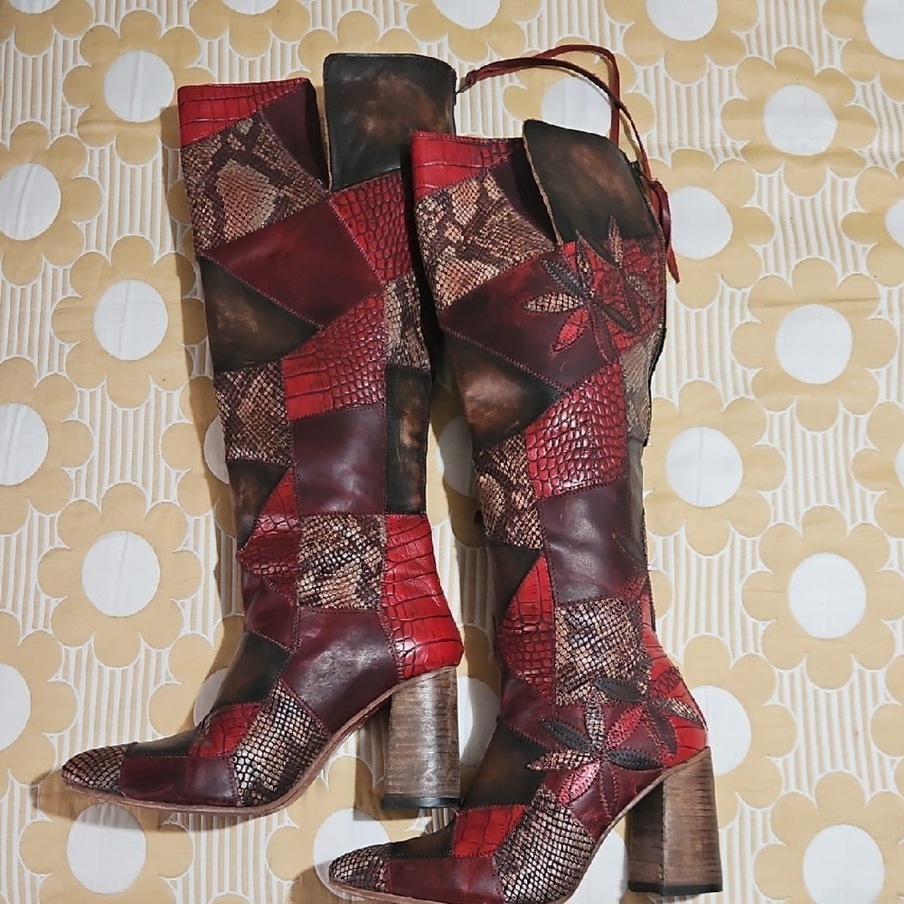 Patchwork Knee-High Boots - Red and Brown